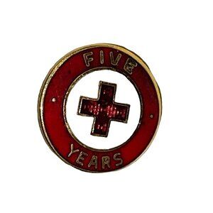 Vintage Five Years Red Cross Service Pin Red & Gold Metal With Clasp